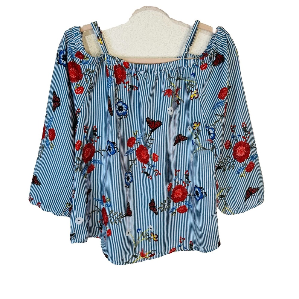 Blush Off The Shoulder Blouse Blue White Stripe With Roses‎ Size XL